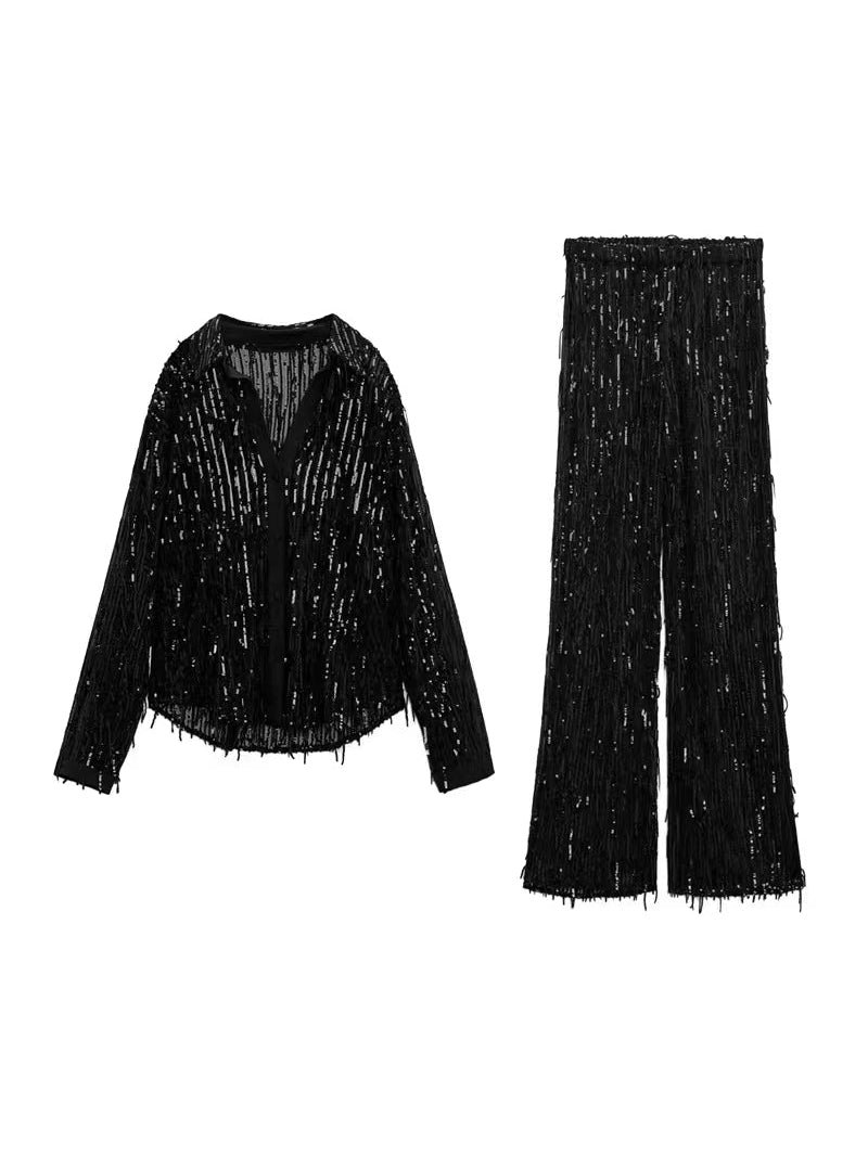 Tassel Mesh Sequins Shirt & Pants Coord Set
