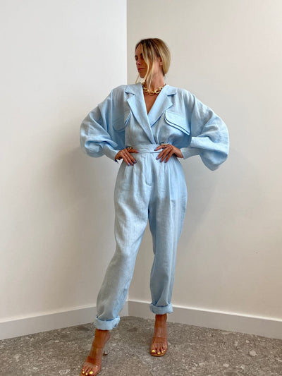 Blue Oversized Fit Linen Blazer Pattern Shirt & Pants Coord Set