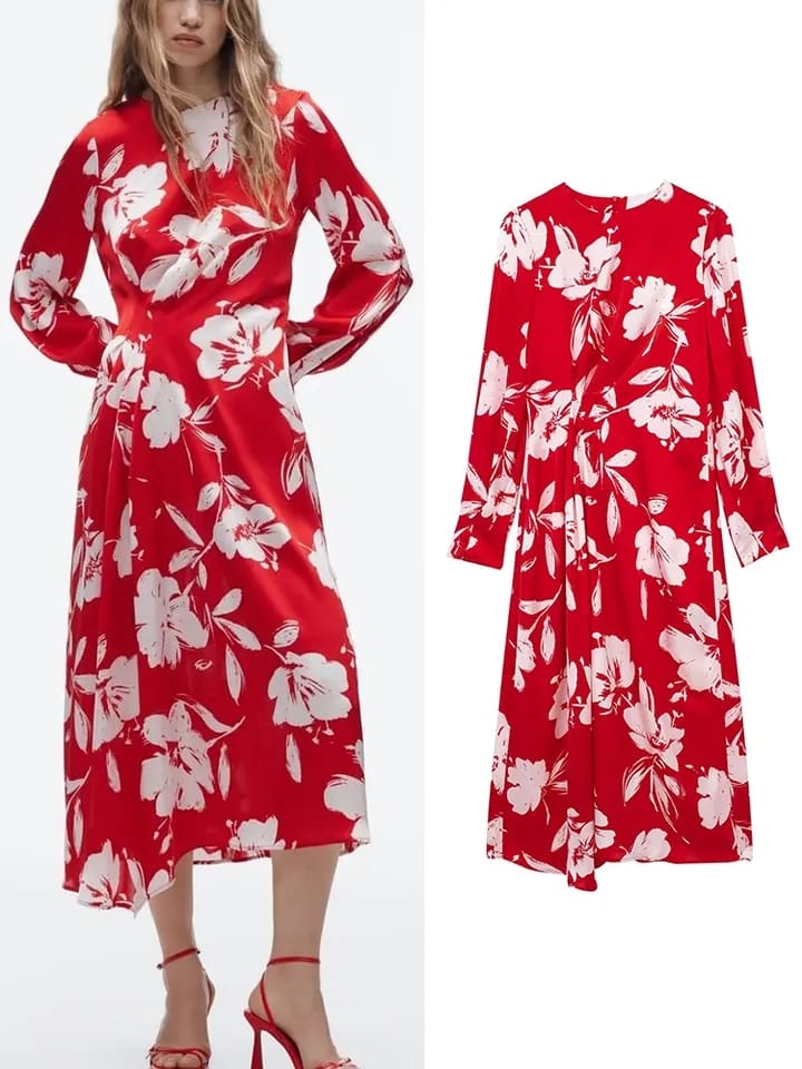 Red Floral Print Long Dress