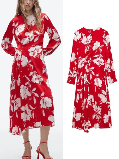 Red Floral Print Long Dress