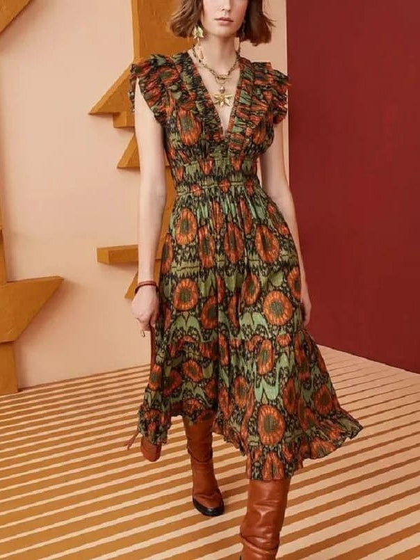 Floral Print V Neck Sleeveless Dress