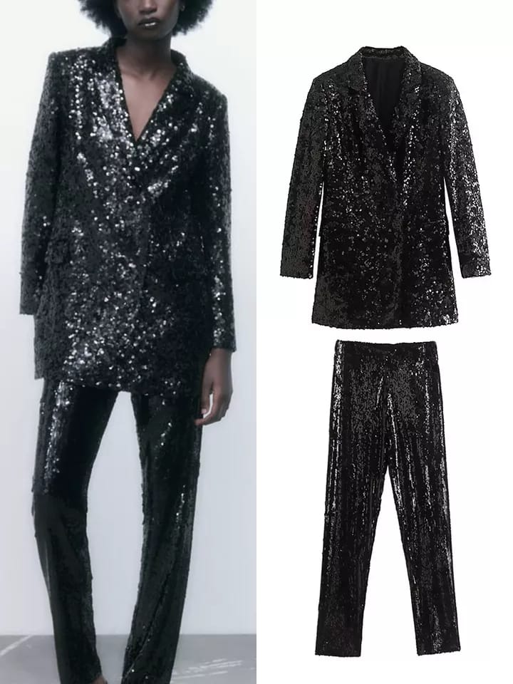 Black Sequins Blazer & Pants Coord Set