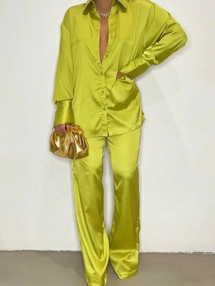 Yellow Satin Shirt & Pants Coord Set