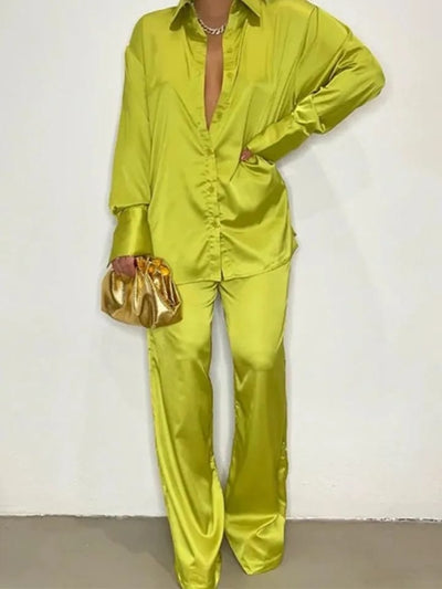 Yellow Satin Shirt & Pants Coord Set