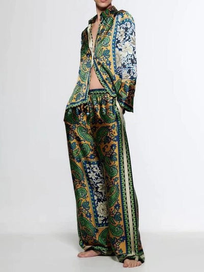 Green Floral Print Soft Satin Shirt & Pants Co-ord Set