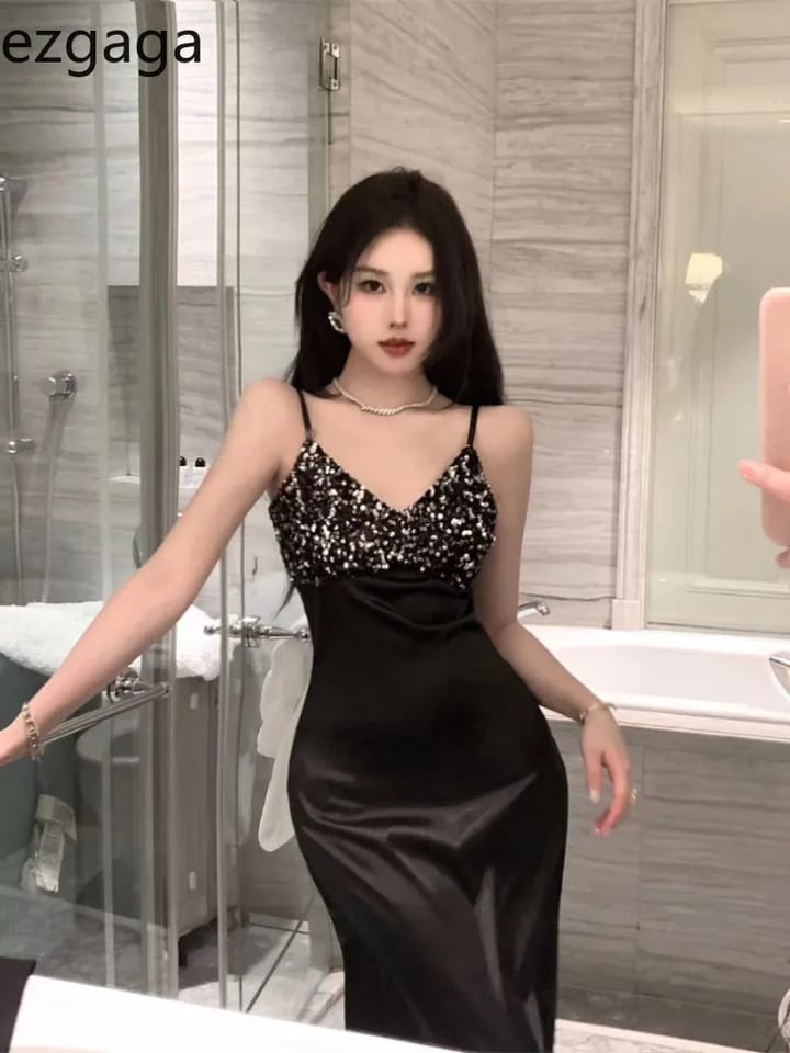 Spaghetti Strap Sequins Satin Maxi Dress