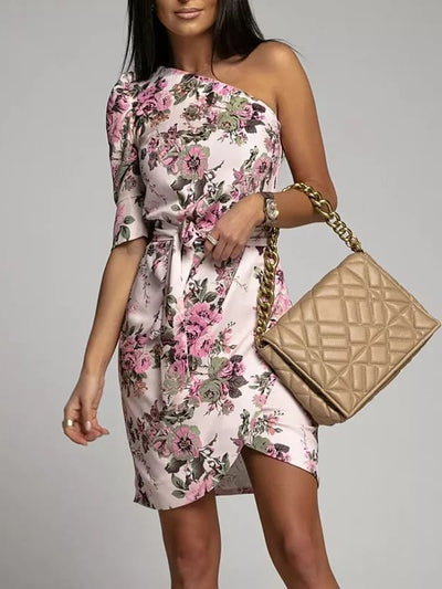 Floral Print One Shoulder Dress