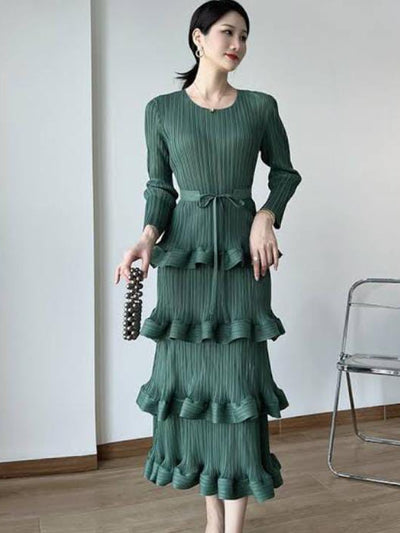 Pleated Ruffle Maxi Dress with Belt