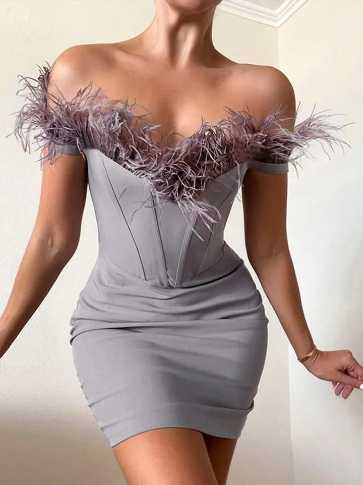 Off Shoudler Corset Feather Fur Dress