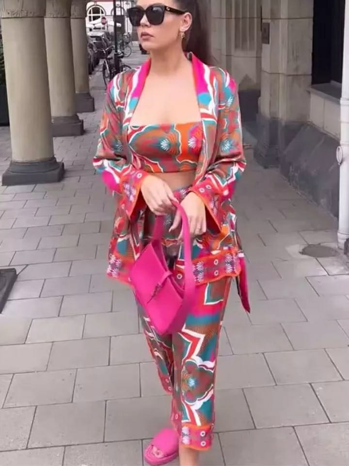 3 Piece Kimono Crop Top & Pants Set