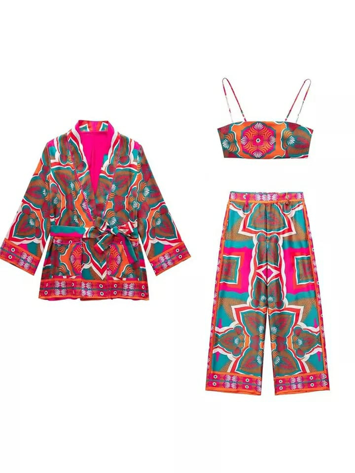 3 Piece Kimono Crop Top & Pants Set