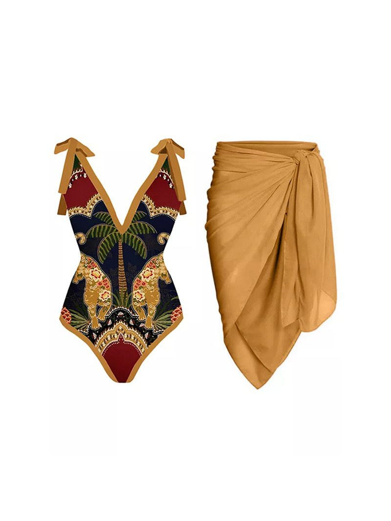 Tropical Print Bikini with Wrap Skirt