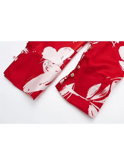 Red Floral Print Satin Shirt