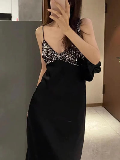 Spaghetti Strap Sequins Satin Maxi Dress