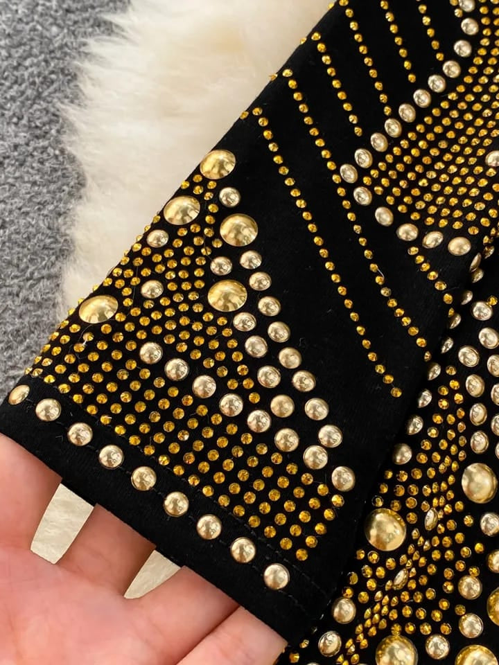 Rivet Buttons Rhinestone Black & Golden Dress Dress