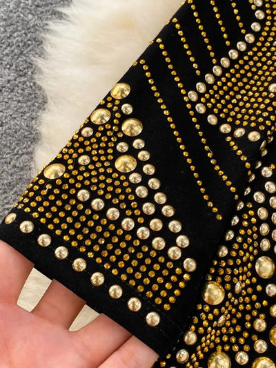 Rivet Buttons Rhinestone Black & Golden Dress Dress