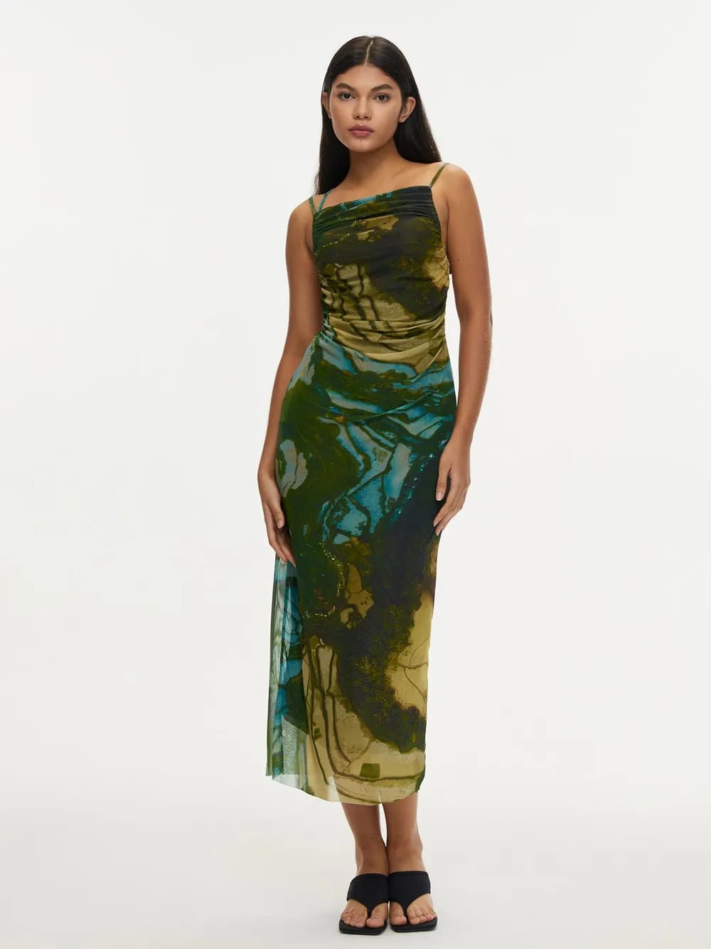 Floral Print Backless Ruched Tulle Dress