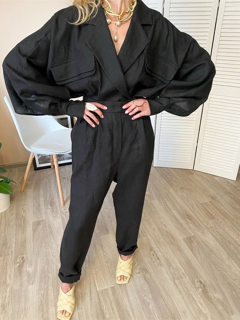 Black Oversized Fit Linen Blazer Pattern Shirt & Pants Coord Set