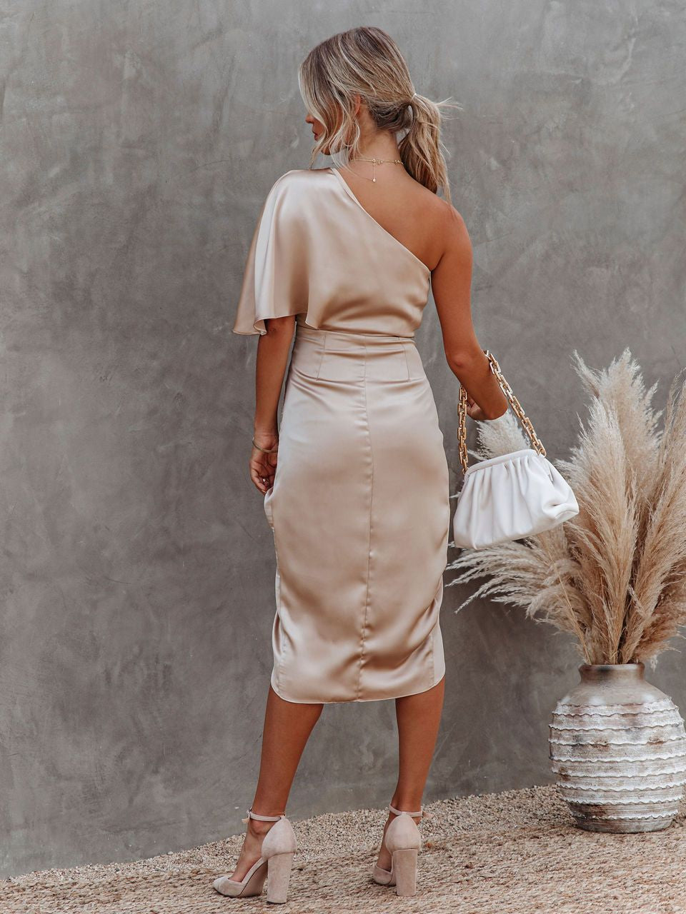 Apricot One Shoulder Satin Ruched Dress
