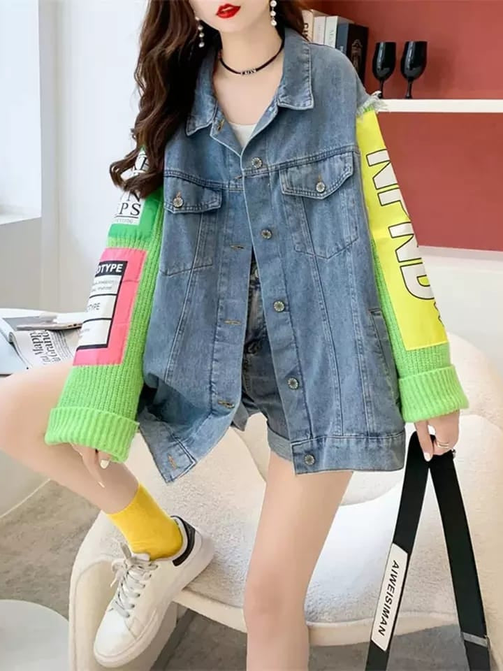 Patch Denim Jacket with Woolen Sleeves