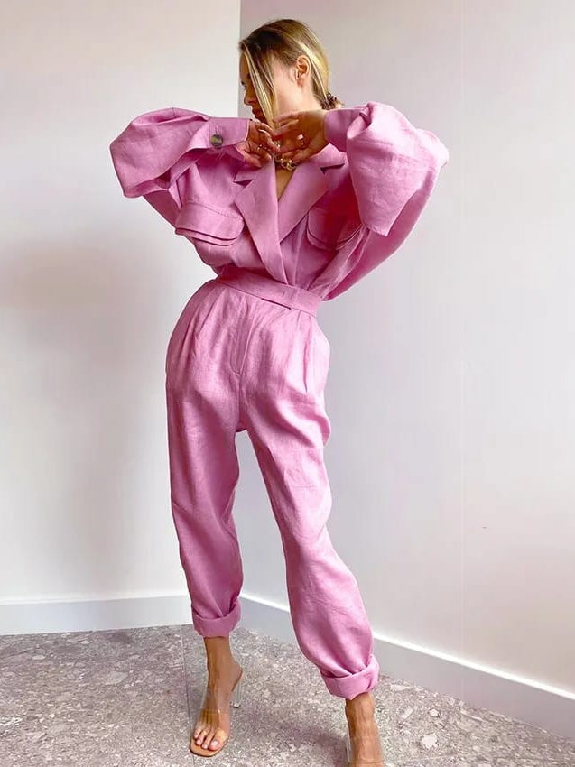 Pink Oversized Fit Linen Blazer Pattern Shirt & Pants Coord Set
