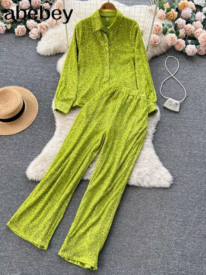 Sequins Shirt & Pants Coord Set