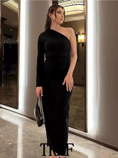 Black One Shoulder Long Slit Dress