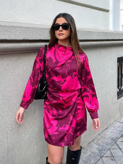 Red Flower Print Short Dress