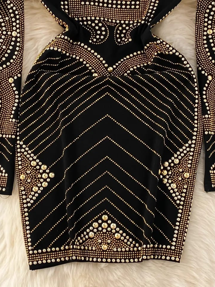 Rivet Buttons Rhinestone Black & Golden Dress Dress