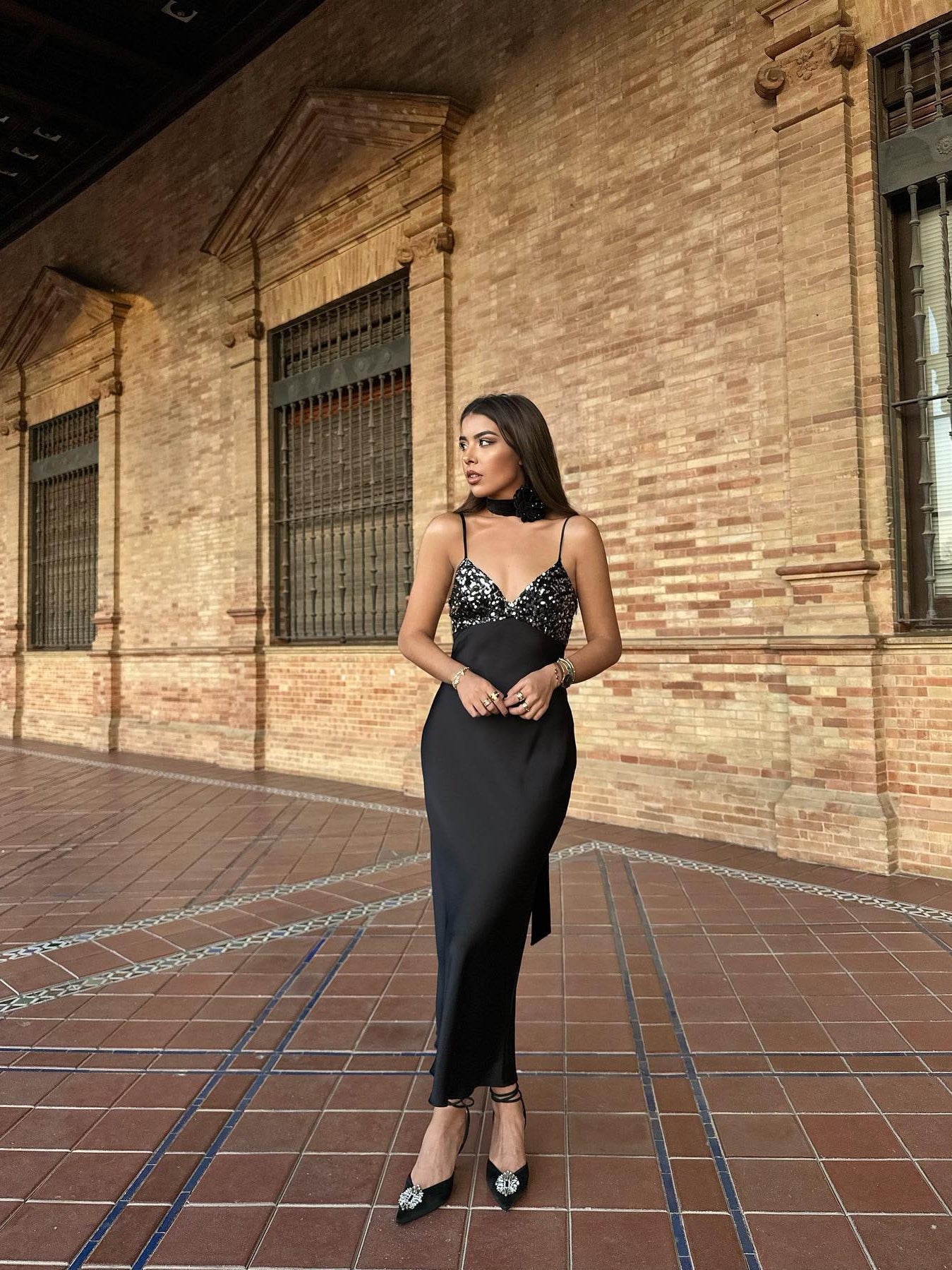 Spaghetti Strap Sequins Satin Maxi Dress