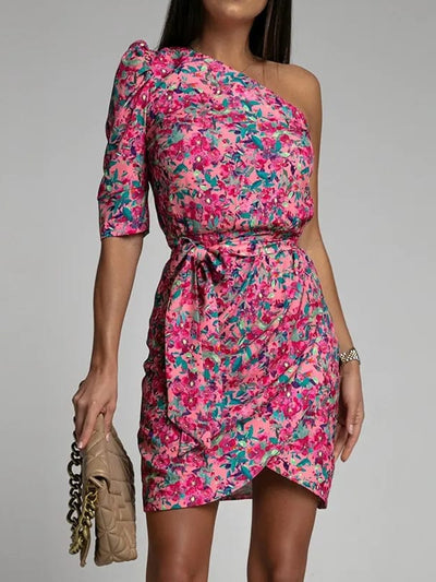 Floral Print One Shoulder Dress