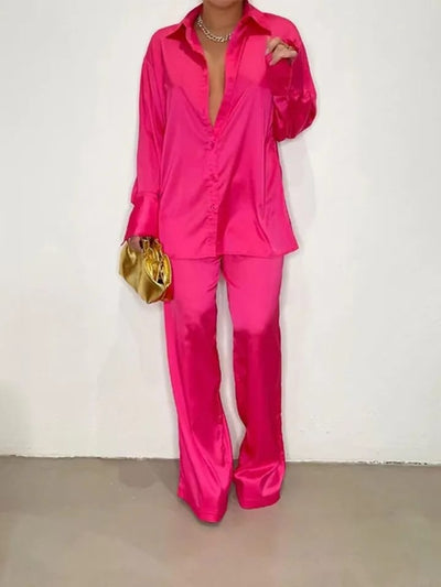 Fuchsia Pink Satin Shirt & Pants Coord Set