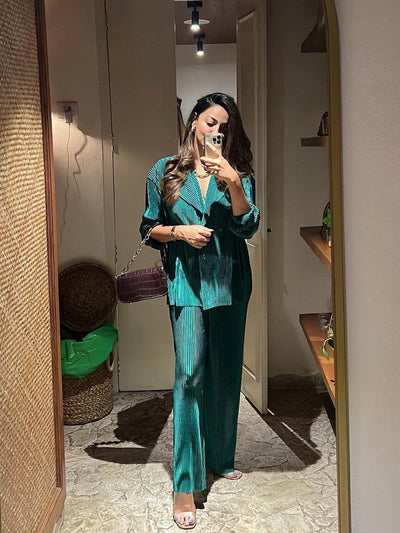 Green Pleated Blazer & Pants Co-ord Set