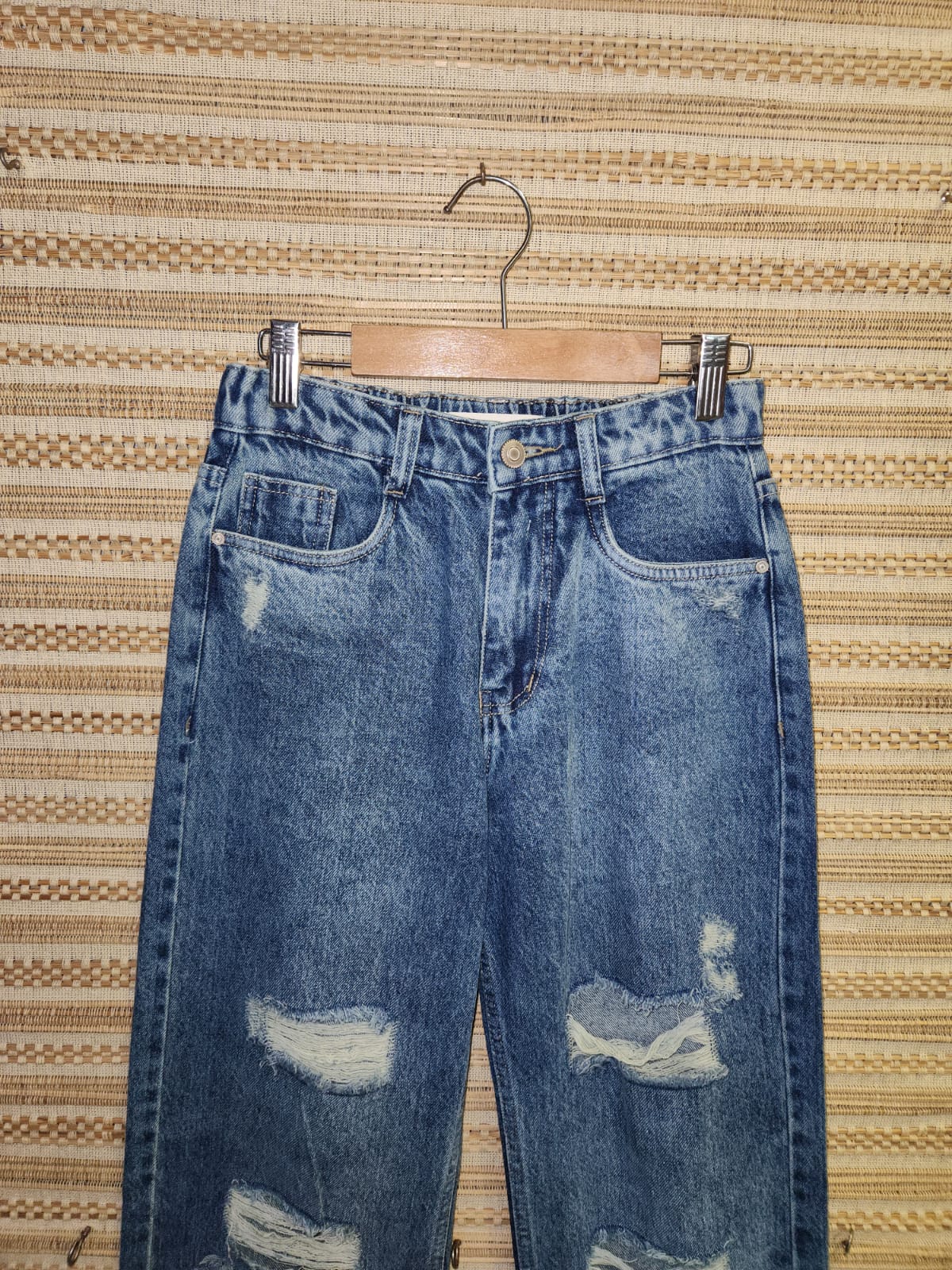 Blue Distressed High Waist Wide Leg Denim Pants