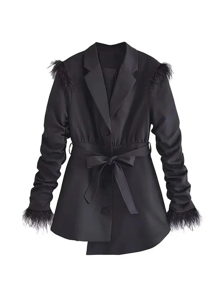 Black Feather Sleeves Blazer Dress