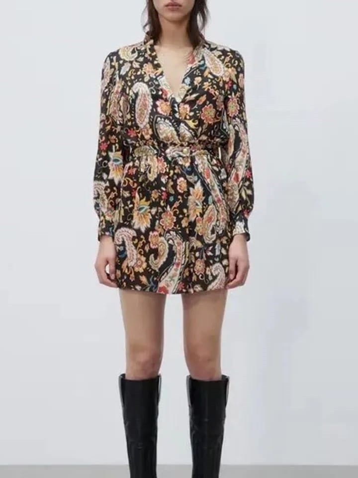 Floral Print Short Dress with Belt