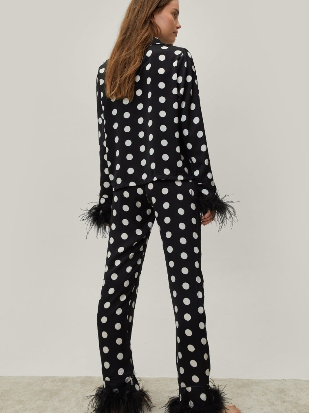 Polka Dot Feather Sleeves & Feather Pants Coord Set