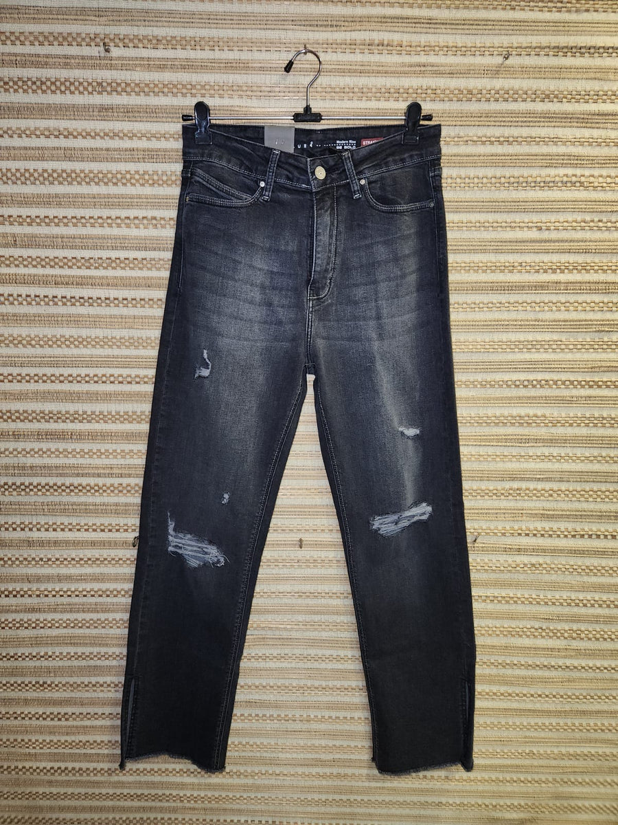 Black High Waist Wide Leg Distressed Denim Pants