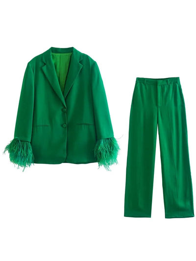 Feather Sleeves Blazer & Pants Coord Set