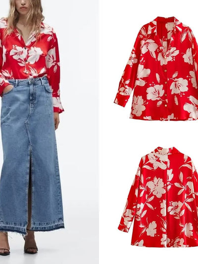 Red Floral Print Satin Shirt