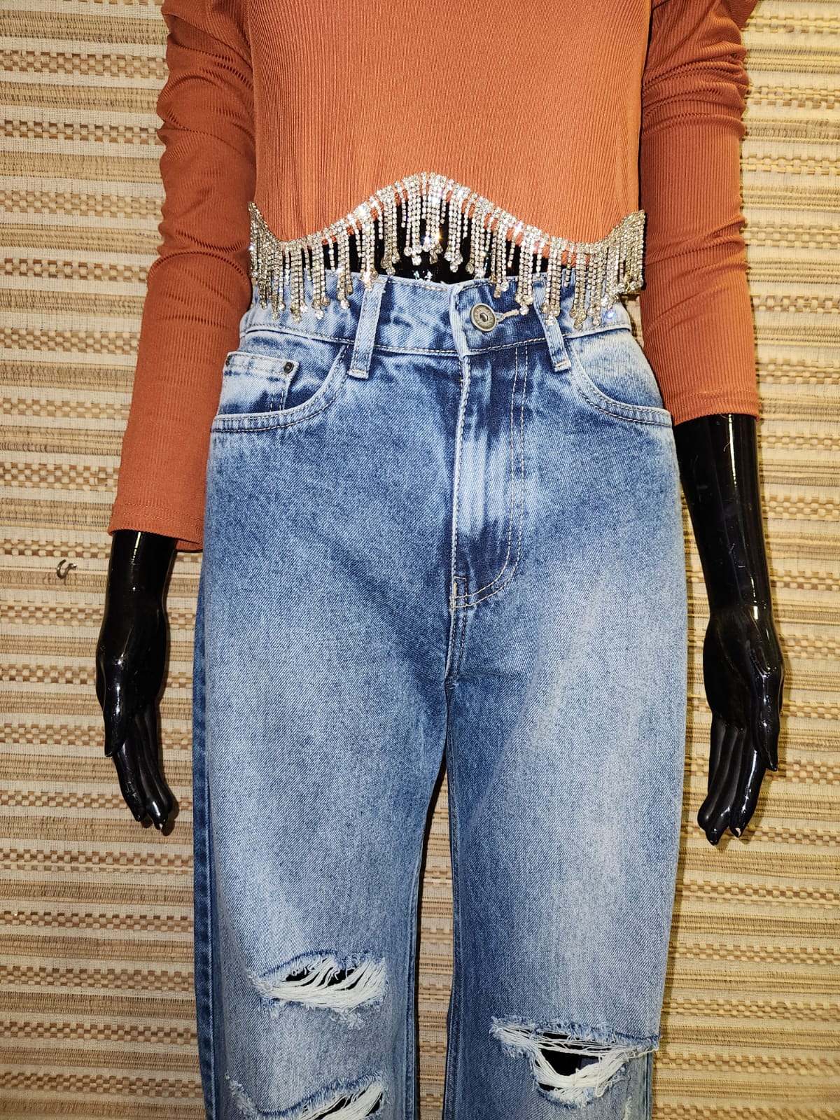 Blue High Waist Wide Leg Distressed Denim Pants