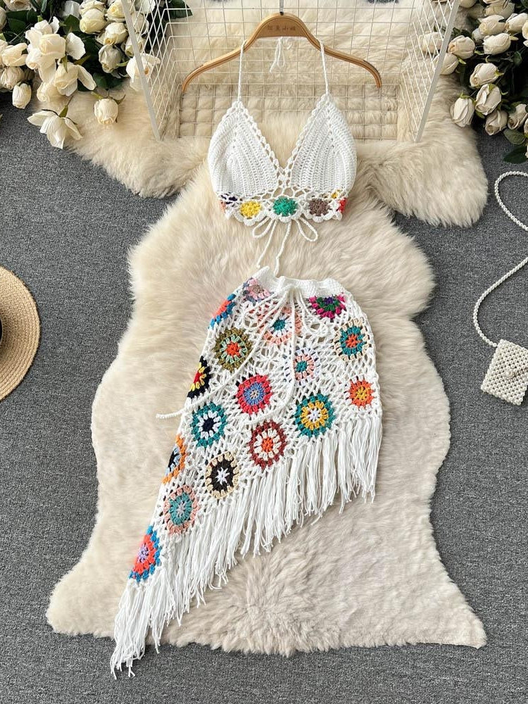 Crochet Bikini & Short Tassel Skirt Set