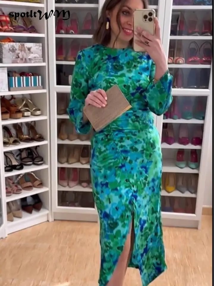 Green Floral Print Ruched Dress