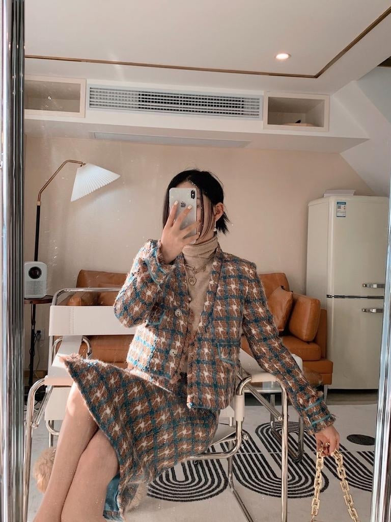 V Neck Tweed Blazer & Slit Skirt Coord Set