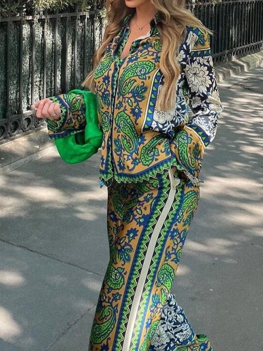 Green Floral Print Soft Satin Shirt & Pants Co-ord Set