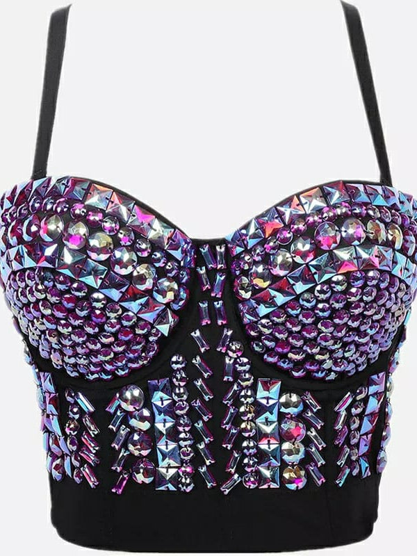 Black push-up bralette bustier with multicolor crystals and pyramid studs, thin straps.