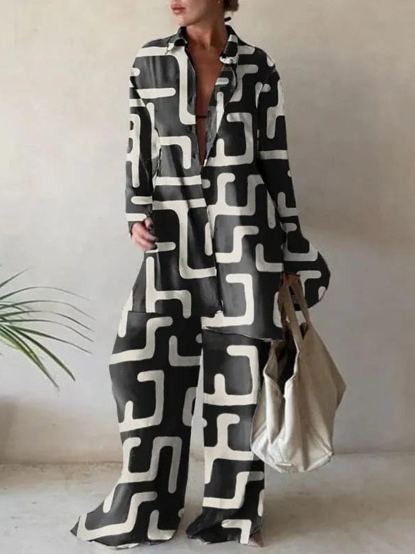 Geometric Print Loose Shirt & Loose Pants Coord Set