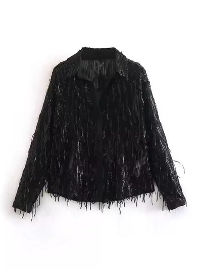 Tassel Mesh Sequins Shirt & Pants Coord Set