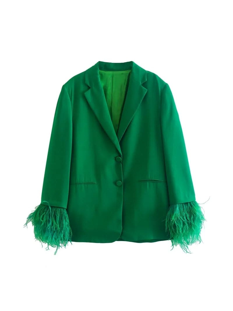 Feather Sleeves Blazer & Pants Coord Set