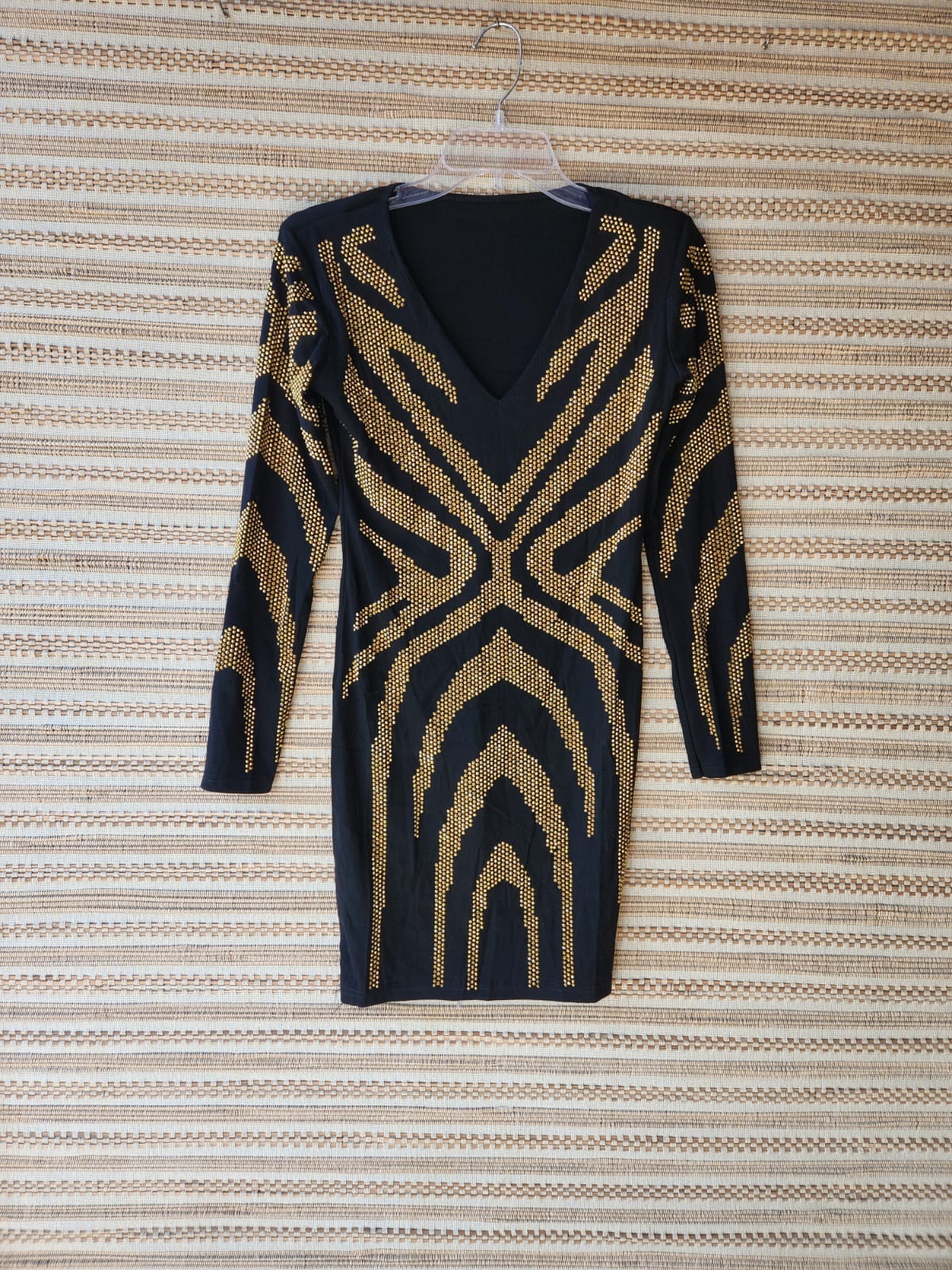 Rhinestone V Neck Dress with Mesh Sleeves